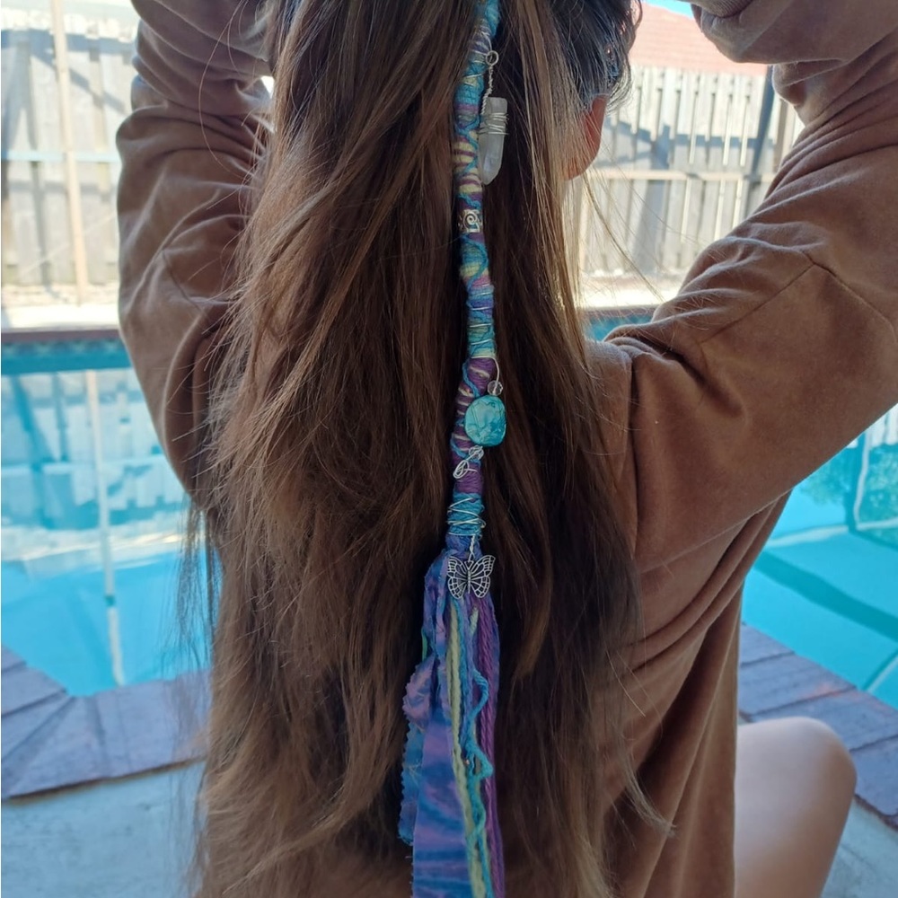 Gypsy Hair Dread Braid Quartz Crystal Butterfly Beads Cuffs Ribbon